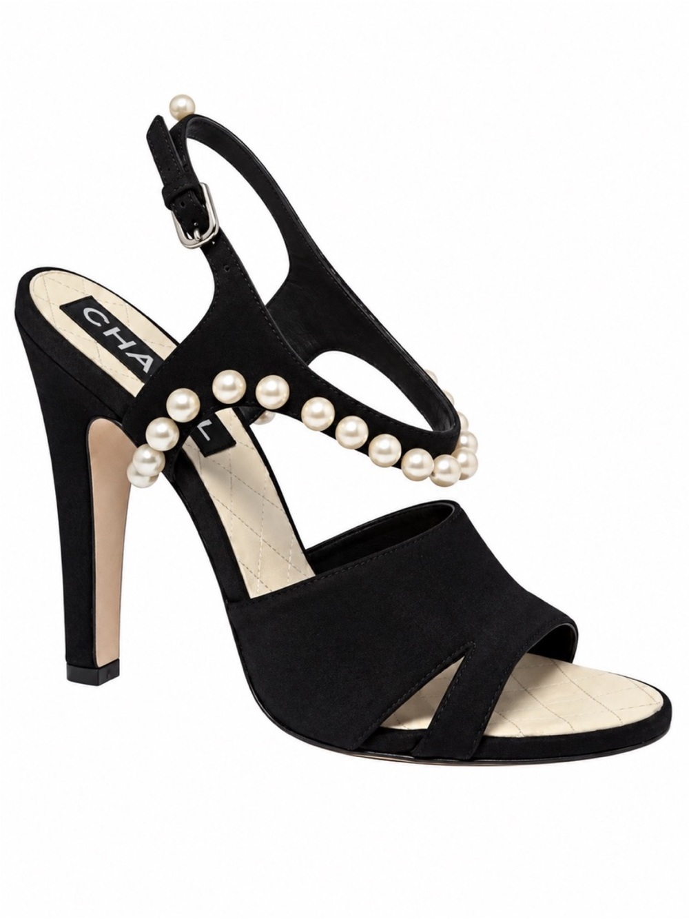 CHANEL 2014 Runway Black Suede Faux Pearl CC Slingback Sandals 37.5 NWOT